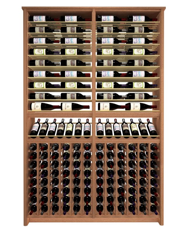 Kessick Tower Series TV4 216-bottle freestanding hardwood wine cabinet in Sapele Mahogany with gold rods — 2-tower parallel over individual column configuration