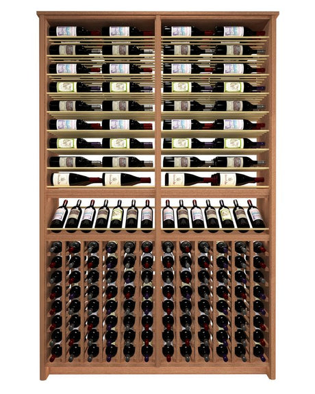 Kessick Tower Series TV4 216-bottle freestanding hardwood wine cabinet in Sapele Mahogany with gold rods — 2-tower parallel over individual column configuration