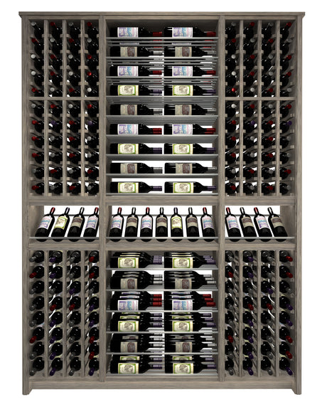 Kessick Tower Series TV5 256-bottle freestanding hardwood wine cabinet in White Oak with gray stain, clear finish and silver rods — 3-tower individual column and parallel configuration