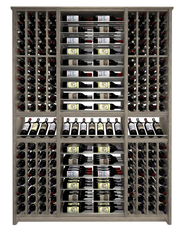 Kessick Tower Series TV5 256-bottle freestanding hardwood wine cabinet in White Oak with gray stain, clear finish and silver rods — 3-tower individual column and parallel configuration