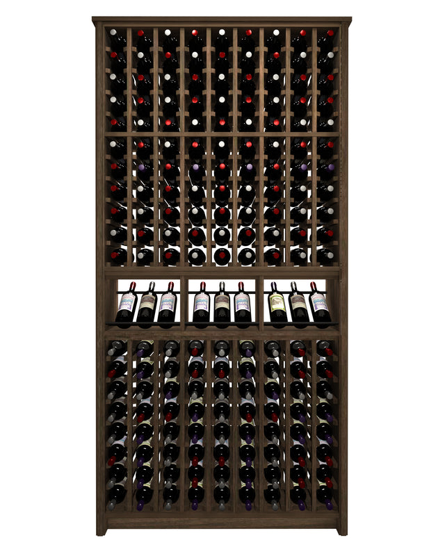 Kessick Tower Series TV6 180-bottle freestanding hardwood wine cabinet in Walnut with espresso stain, clear finish and satin black rods — single 42-inch individual column tower configuration