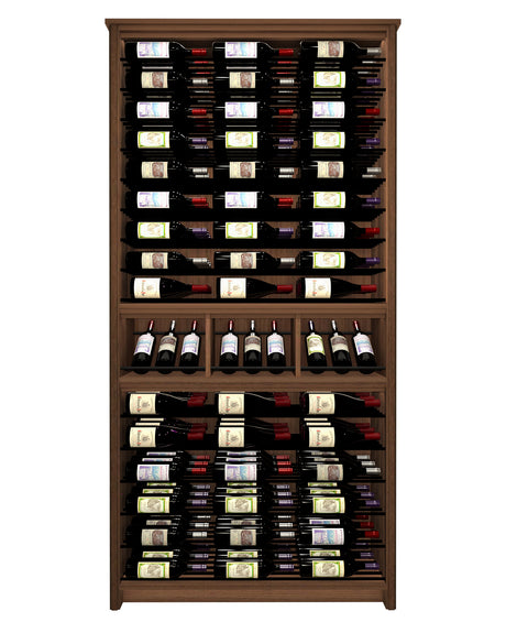 Kessick Tower Series TV7 144-bottle freestanding hardwood wine cabinet in Walnut with clear satin finish and satin black rods — single 42-inch parallel over parallel tower configuration