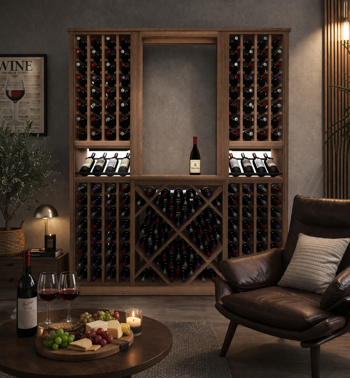 Kessick Tower Series 204-Bottle Hardwood Wine Cabinet — Walnut, Clear Finish, Black Rods