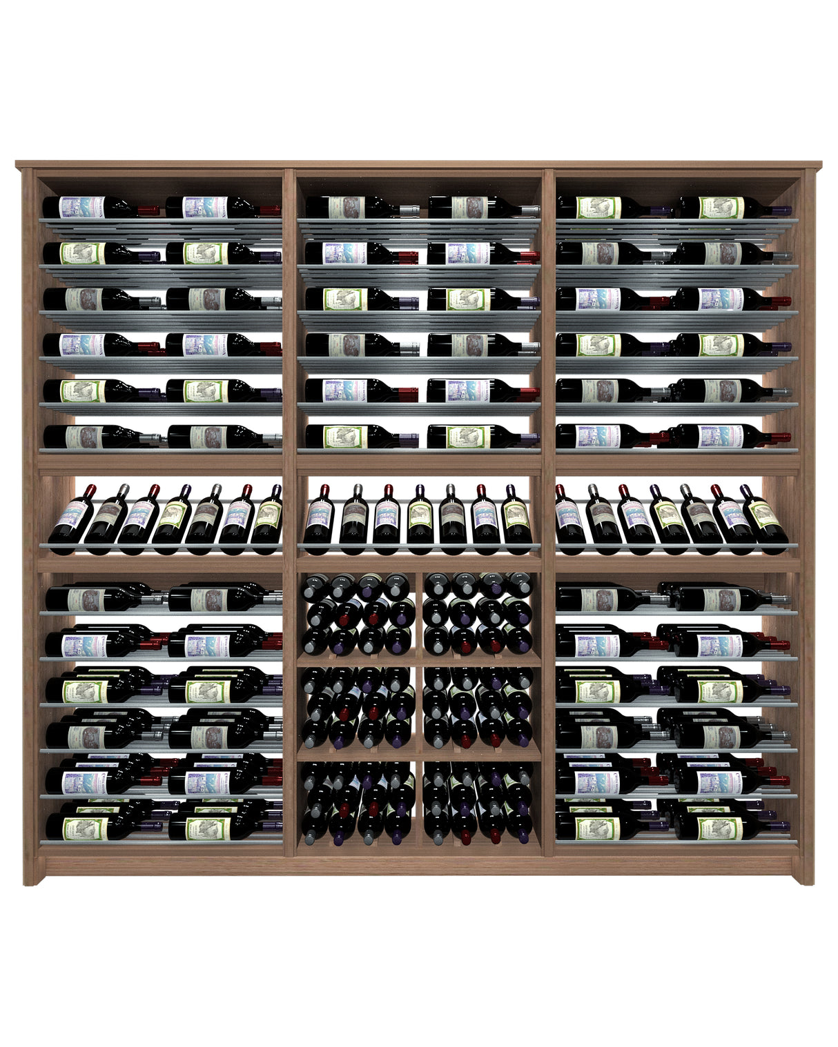 Kessick Tower Series TV9 264-bottle freestanding hardwood wine cabinet in Walnut with clear satin finish and satin black rods — 3-tower parallel and rectangle bin configuration
