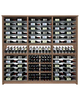 Kessick Tower Series TV9 264-bottle freestanding hardwood wine cabinet in Walnut with clear satin finish and satin black rods — 3-tower parallel and rectangle bin configuration