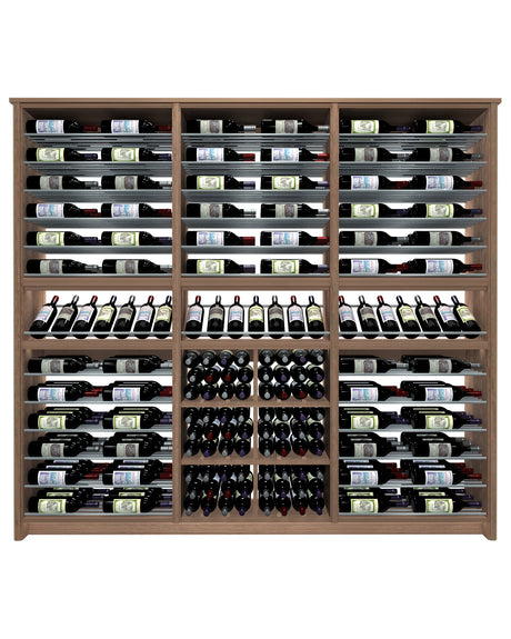 Kessick Tower Series TV9 264-bottle freestanding hardwood wine cabinet in Walnut with clear satin finish and satin black rods — 3-tower parallel and rectangle bin configuration