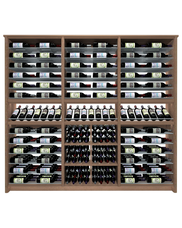 Kessick Tower Series TV9 264-bottle freestanding hardwood wine cabinet in Walnut with clear satin finish and satin black rods — 3-tower parallel and rectangle bin configuration