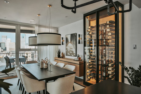 The Wine Square CAVEA double door glass wine cellar installed in modern living space