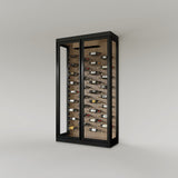 The Wine Square CAVEA double door glass wine cellar with Meadow oak wood grain interior finish — 60 inch wide floor-to-ceiling matte black aluminum frame with label-forward horizontal racking