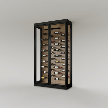 The Wine Square CAVEA double door glass wine cellar with Meadow oak wood grain interior finish — 60 inch wide floor-to-ceiling matte black aluminum frame with label-forward horizontal racking