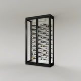 The Wine Square CAVEA double door glass wine cellar with Mist white marble interior finish — 60 inch wide floor-to-ceiling matte black aluminum frame with label-forward horizontal racking