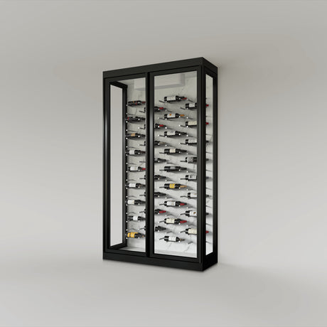 The Wine Square CAVEA double door glass wine cellar with Mist white marble interior finish — 60 inch wide floor-to-ceiling matte black aluminum frame with label-forward horizontal racking