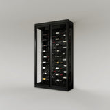 The Wine Square CAVEA double door glass wine cellar with Stone black marble interior finish — 60 inch wide floor-to-ceiling matte black aluminum frame with label-forward horizontal racking
