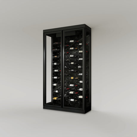 The Wine Square CAVEA double door glass wine cellar with Stone black marble interior finish — 60 inch wide floor-to-ceiling matte black aluminum frame with label-forward horizontal racking
