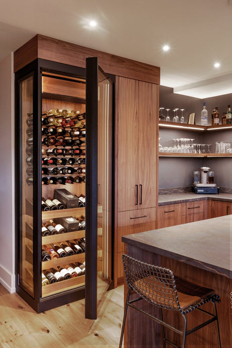 The Wine Square CAVEA single door glass wine cellar installed in modern living space