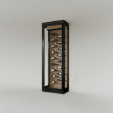 The Wine Square CAVEA single door glass wine cellar with Meadow oak wood grain interior finish — floor-to-ceiling matte black aluminum frame with label-forward horizontal racking