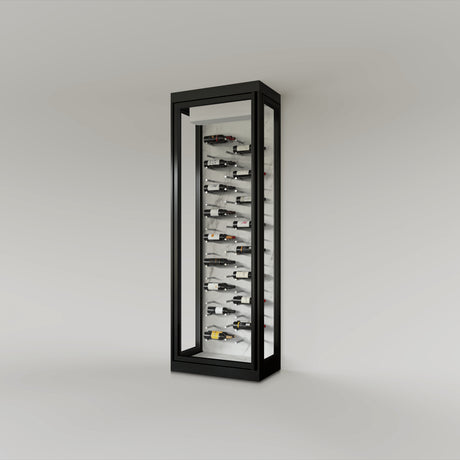 The Wine Square CAVEA single door glass wine cellar with Mist white marble interior finish — floor-to-ceiling matte black aluminum frame with label-forward horizontal racking