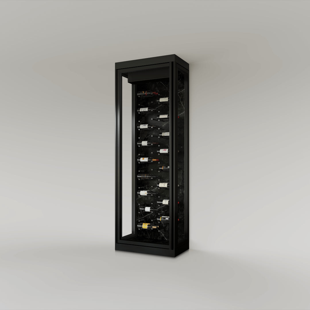 The Wine Square CAVEA single door glass wine cellar with Stone black marble interior finish — floor-to-ceiling matte black aluminum frame with label-forward horizontal racking