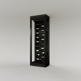 The Wine Square CAVEA single door glass wine cellar with Stone black marble interior finish — floor-to-ceiling matte black aluminum frame with label-forward horizontal racking