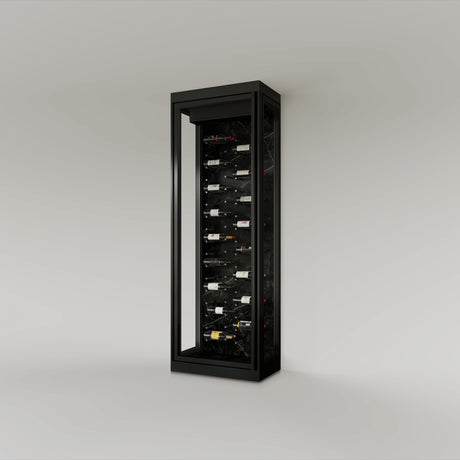 The Wine Square CAVEA single door glass wine cellar with Stone black marble interior finish — floor-to-ceiling matte black aluminum frame with label-forward horizontal racking