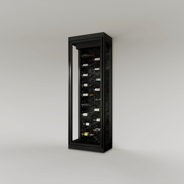 The Wine Square CAVEA single door glass wine cellar with Stone black marble interior finish — floor-to-ceiling matte black aluminum frame with label-forward horizontal racking