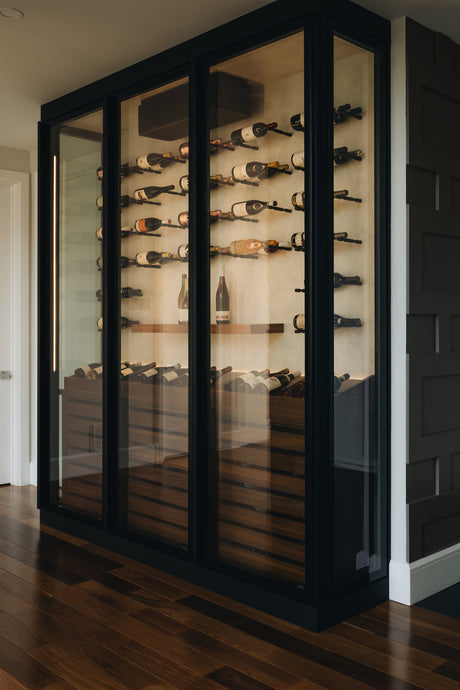 The Wine Square CAVEA triple door glass wine cellar installed in modern living space