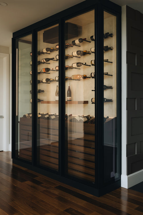 The Wine Square CAVEA triple door glass wine cellar installed in modern living space