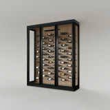 The Wine Square CAVEA triple door glass wine cellar with Meadow oak wood grain interior finish — 91 inch wide floor-to-ceiling matte black aluminum frame with label-forward horizontal racking