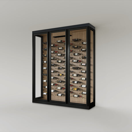 The Wine Square CAVEA triple door glass wine cellar with Meadow oak wood grain interior finish — 91 inch wide floor-to-ceiling matte black aluminum frame with label-forward horizontal racking