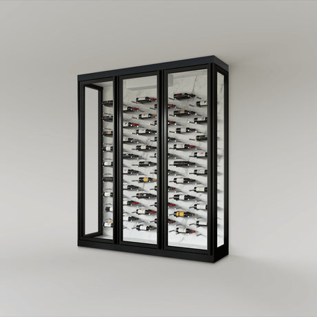 The Wine Square CAVEA triple door glass wine cellar with Mist white marble interior finish — 91 inch wide floor-to-ceiling matte black aluminum frame with label-forward horizontal racking