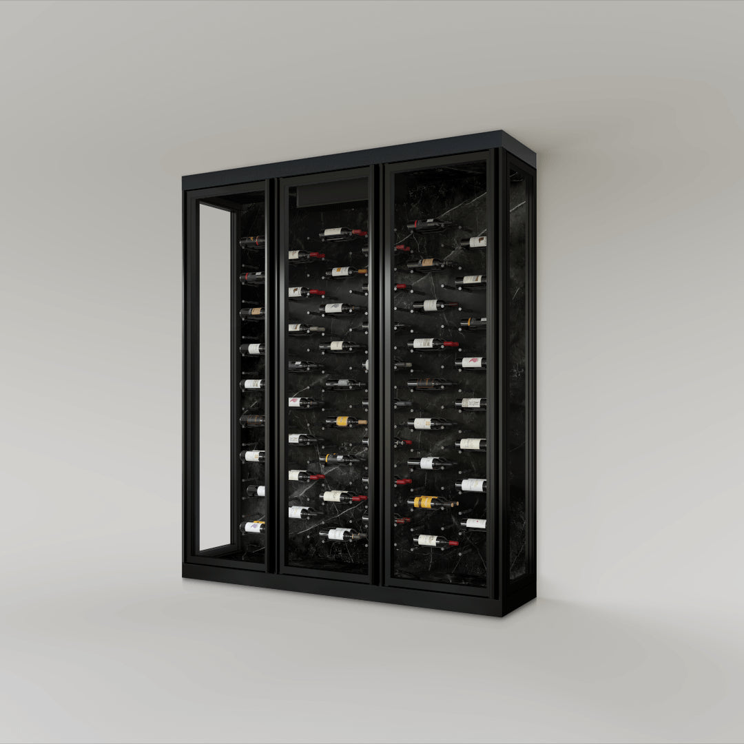 The Wine Square CAVEA triple door glass wine cellar in stone finish