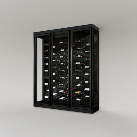 The Wine Square CAVEA triple door glass wine cellar with Stone black marble interior finish — 91 inch wide floor-to-ceiling matte black aluminum frame with label-forward horizontal racking