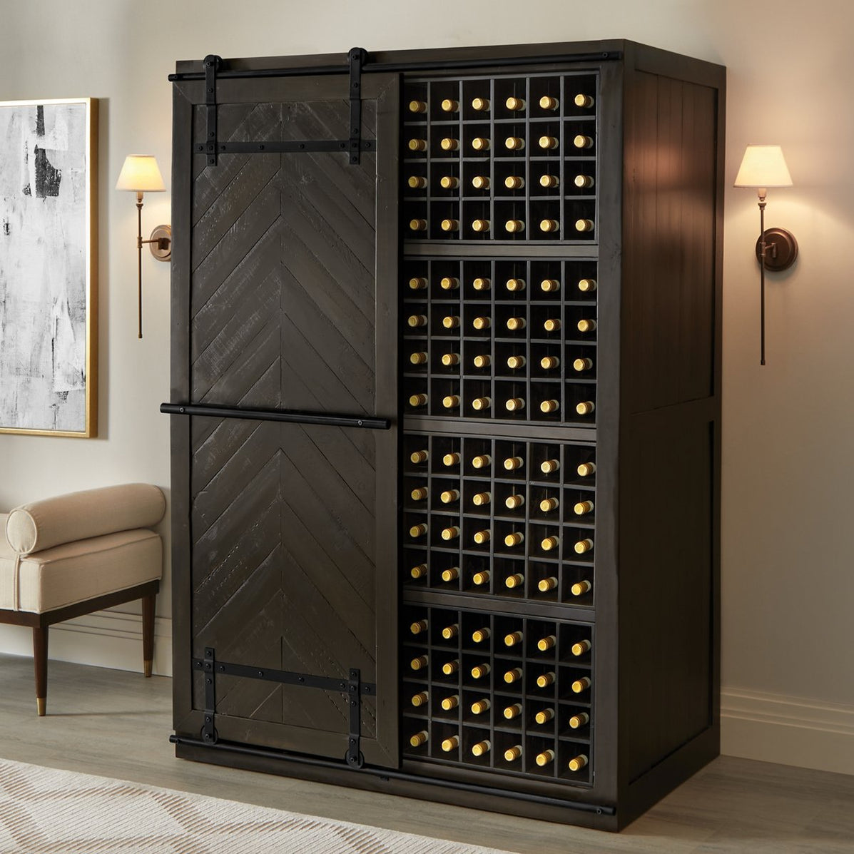 Mesa Sliding Barn Door Armoire - Rustic Black Finish - WineCellarHQ.com