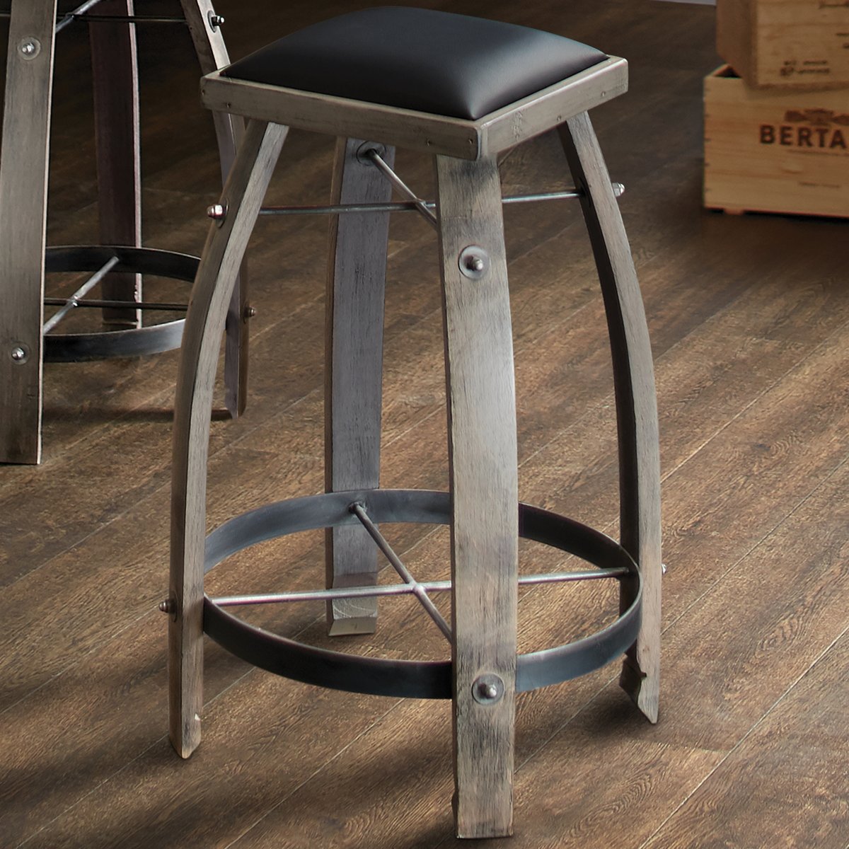 Vintage Oak Wine Barrel Bar Stool (Antique Gray Finish with Black Leat ...