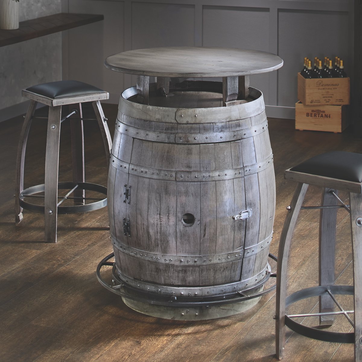 Vintage Oak Wine Barrel Bistro Table Bar Stools (Antique Gray