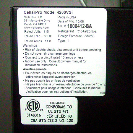 CellarPro 3200VSi Self-Contained Cooling Unit manufactures asset tag