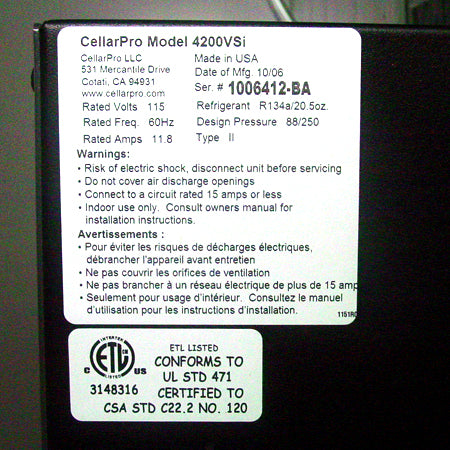 CellarPro 3200VSx asset tag
